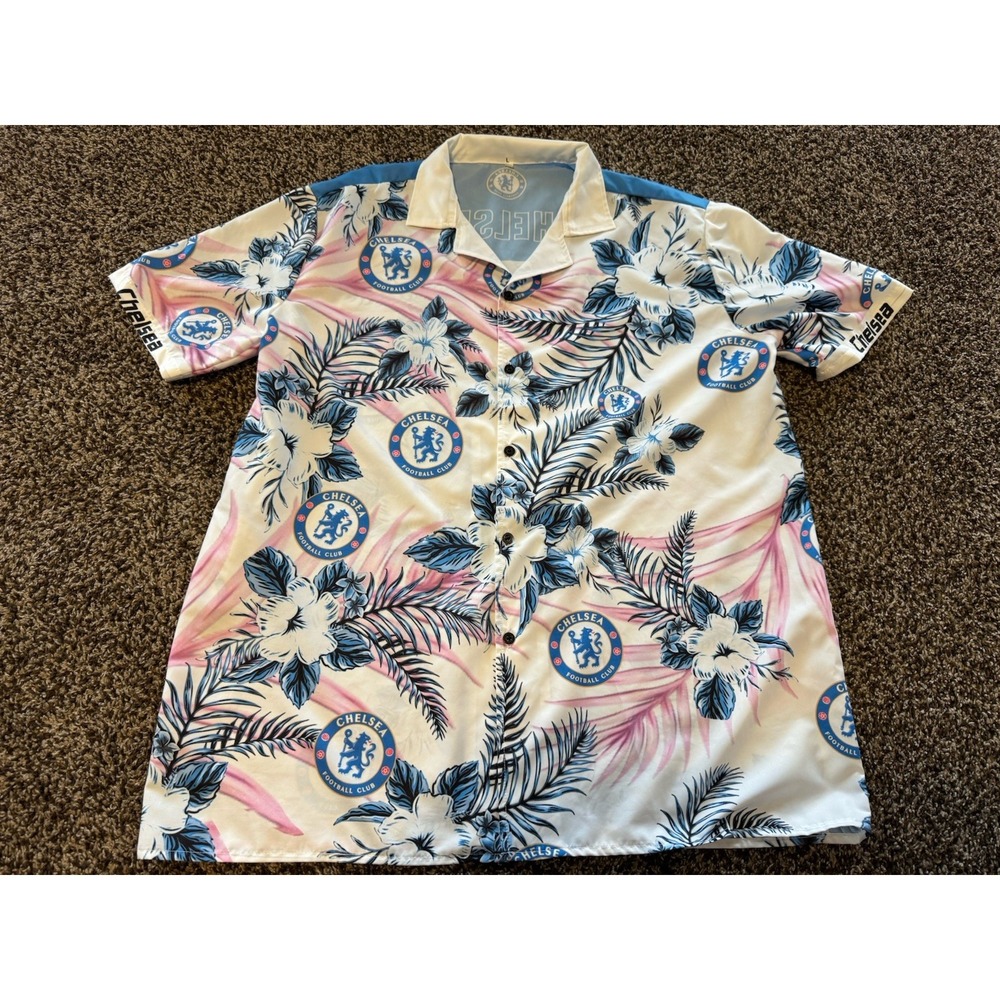 Chelsea FC Men's Large Hawaiian Shirt Tropical Floral Button Up Blue White L